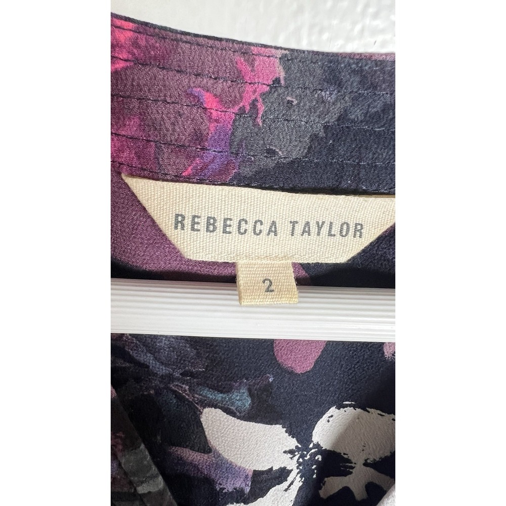 Rebecca Taylor Size‎ 2 Black Floral 100% Silk Tunic Blouse 3/4 Sleeves High Low - Picture 6 of 9